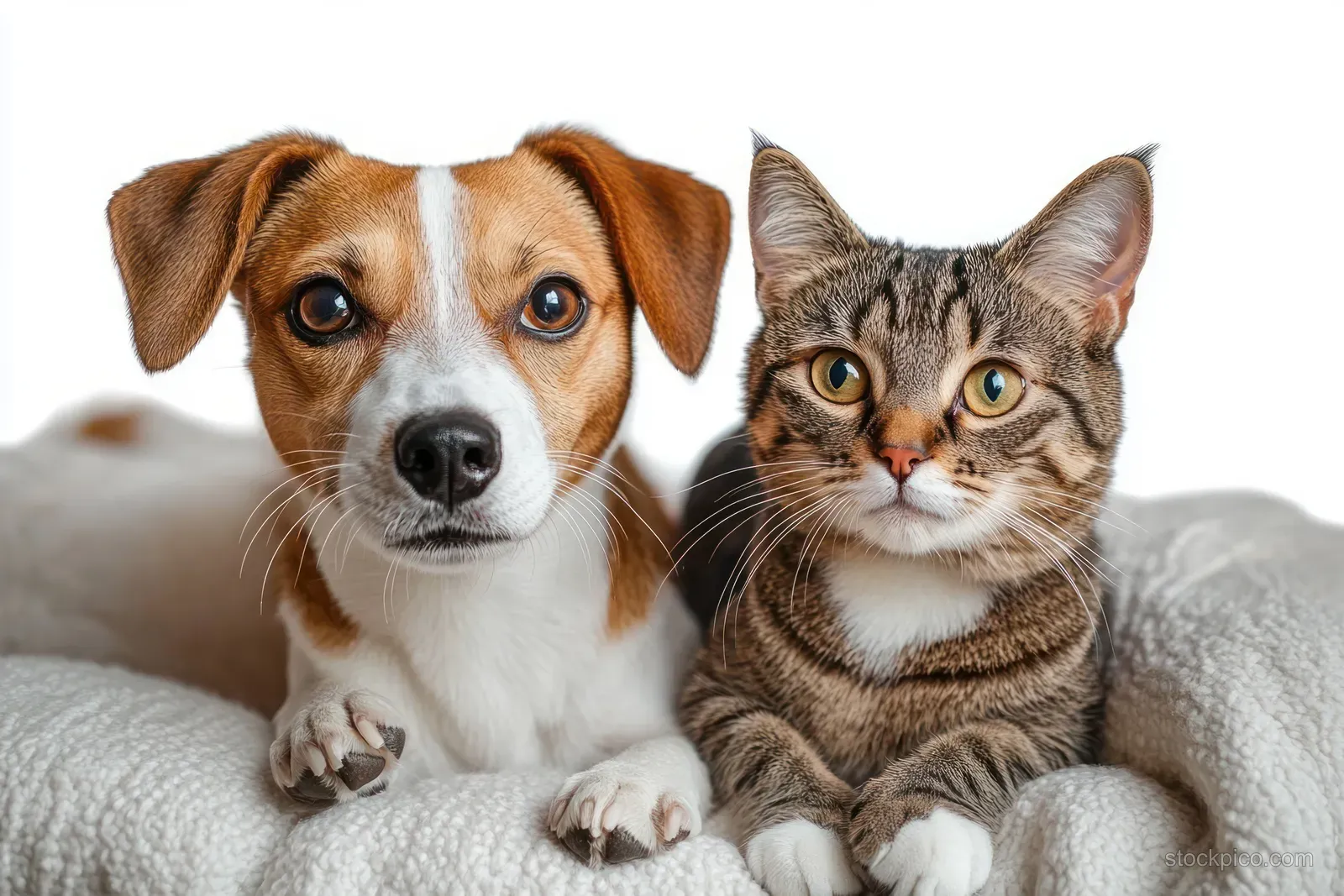 A brown and white dog and a tabby cat lie together on a beige blanket, looking alert against a white background.