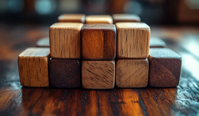 Stacked wooden language blocks with letters and muted German theme in classroom light