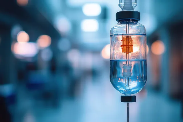 Close-up IV drip chamber with clear fluid glowing softly beside blurred hospital corridor