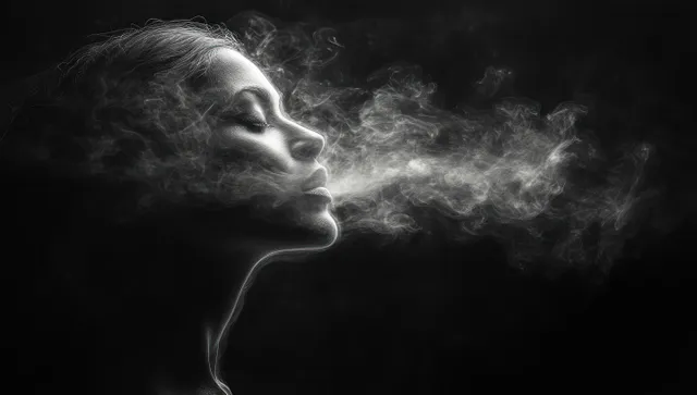Black and white smoke shapes form a side-profile face against a dark background with dramatic chiaroscuro lighting.