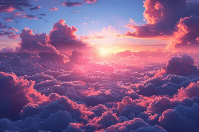 Sunset lights layered fluffy clouds in pink, purple, and orange across a wide horizon.