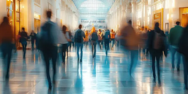 Students walking down an impressionistic corridor, blurred motion across sunlit interior