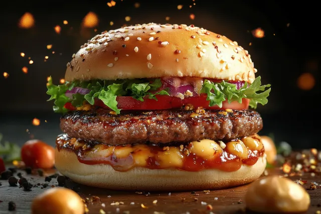 Gourmet beef burger on wooden table with lettuce tomatoes onions, sesame bun, and melted cheese