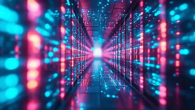 Neon-lit server corridor with floating holographic document icons and glowing data lines in the distance.