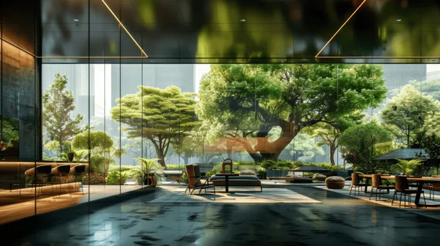 Sunlit modern glass office with patio tables and lush trees visible through large floor-to-ceiling windows.