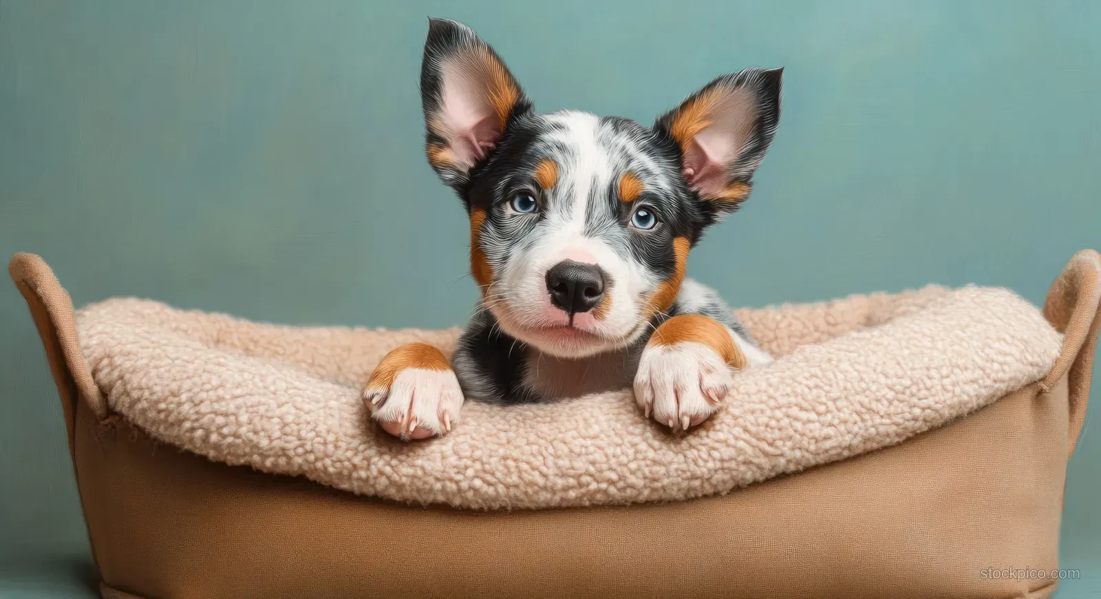 Tricolor puppy with blue eyes rests in a plush bed and looks curiously at the camera.