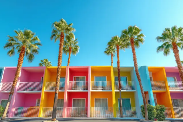 Colorful mid-century hotel facade with palm trees under bright Palm Springs sky