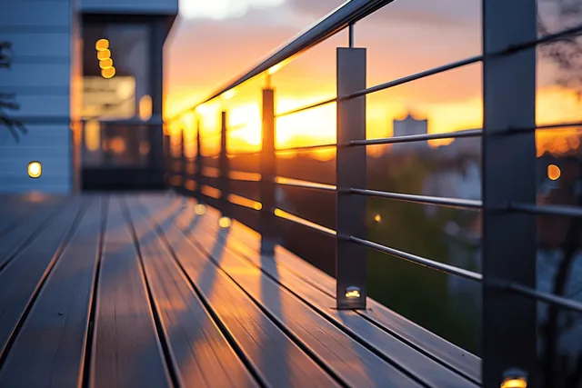 Modern balcony deck with metal railings, sunset glow and orange sky over city