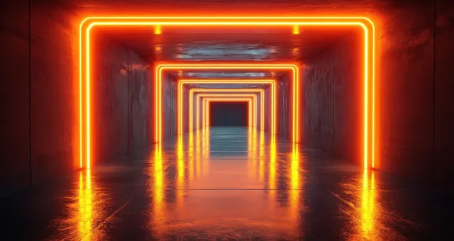 Cyberpunk neon corridor with glowing orange lines, reflective concrete floor, deep perspective