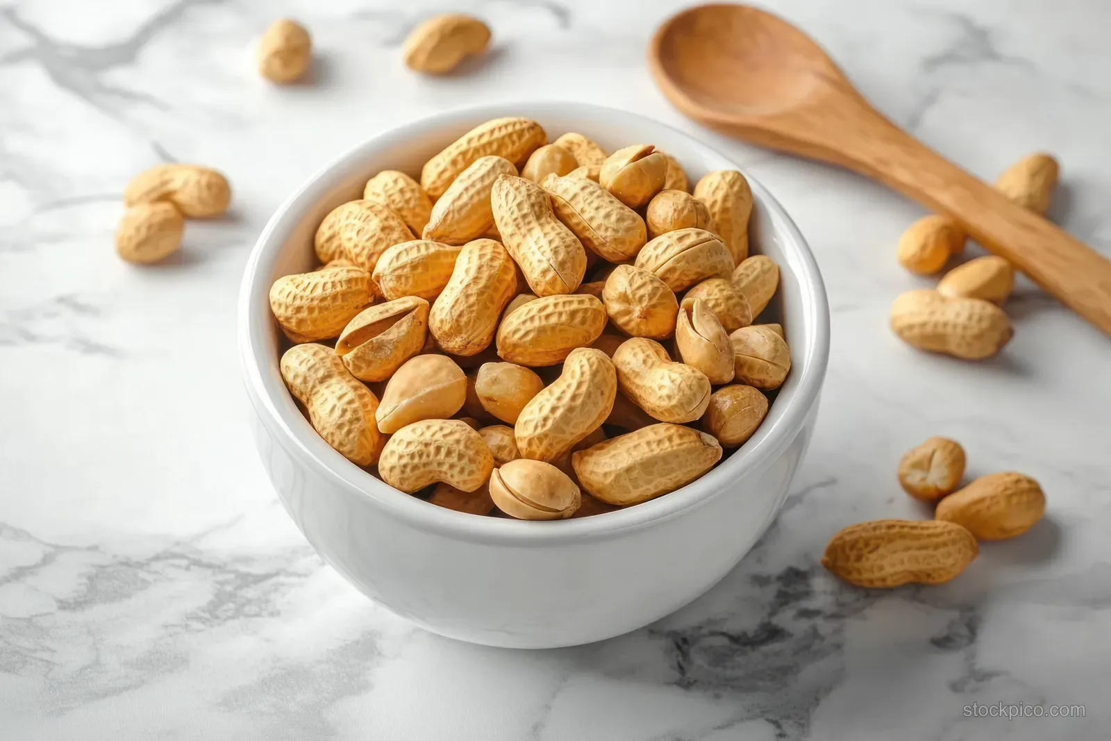 A white bowl filled with unshelled peanuts sits on marble with scattered peanuts and a wooden spoon nearby.