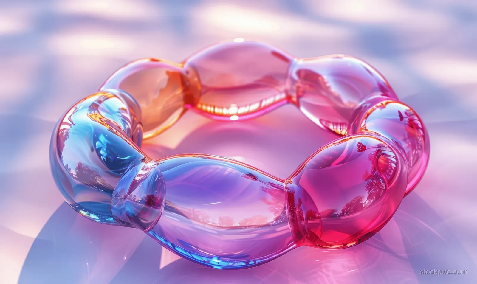 An iridescent glass ring with rainbow refraction and soft reflections rests on a pastel gradient background.