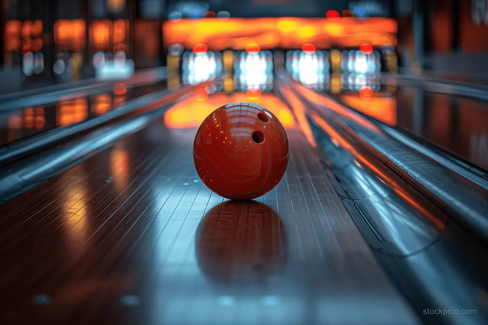 Purple bowling ball rolling down an illuminated bowling lane toward pins with blurred background lights.