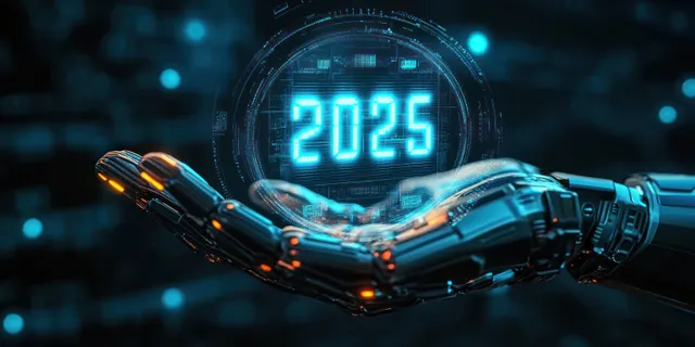 A glowing AI robotic hand reaches toward a holographic 2025 display surrounded by neon data.