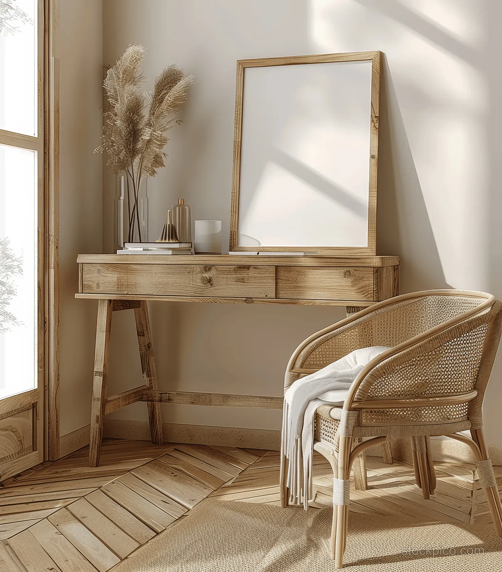 Blank poster frame on a wooden desk with a wicker armchair in a sunlit beige boho interior.