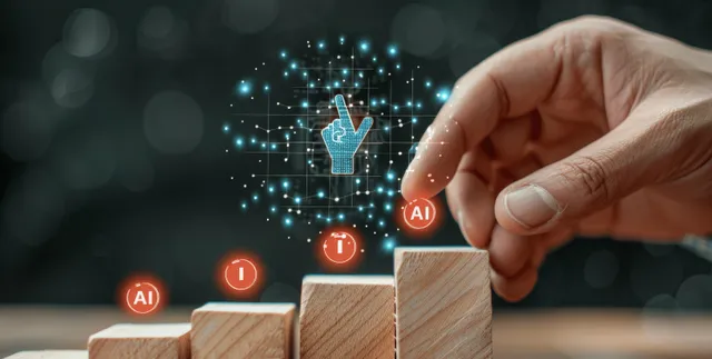 Hand placing AI chip on wooden blocks with glowing digital cybersecurity interface