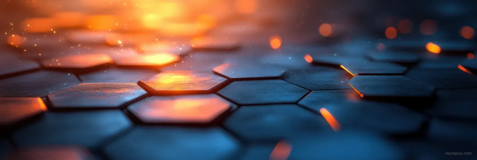 Glowing hexagonal shapes and drifting particles form a futuristic medical technology background with blue gradients.
