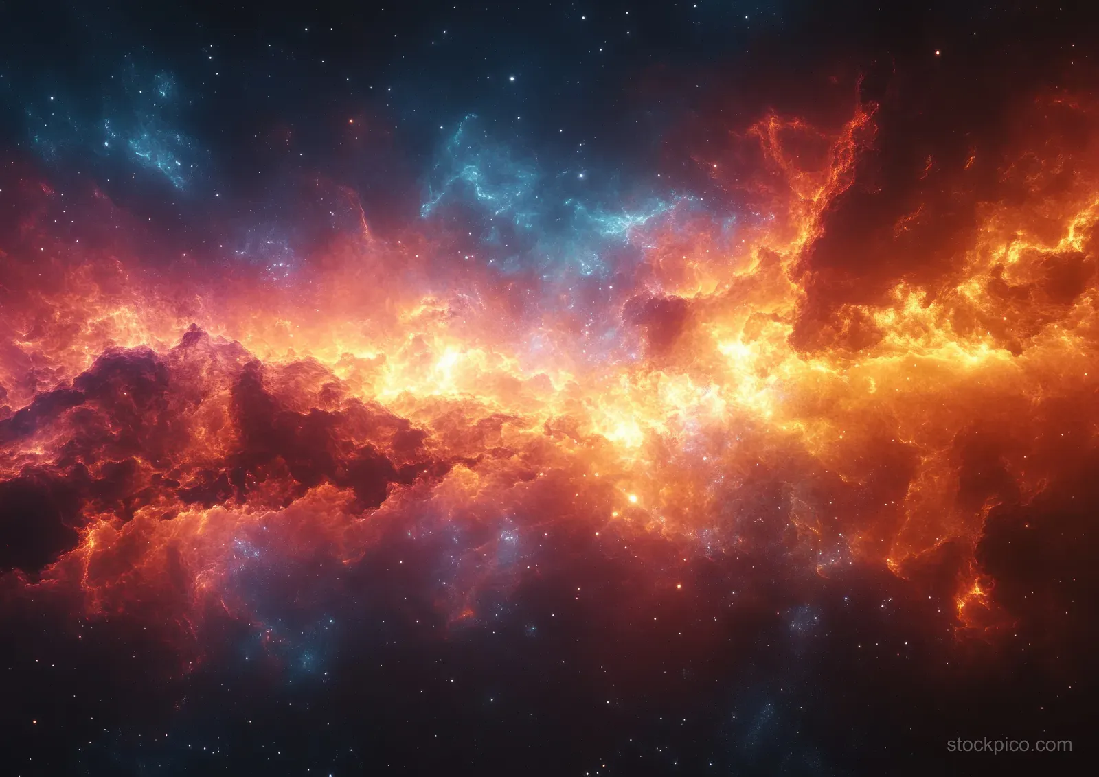 Electric lightning streaks and warm glowing clouds erupt inside a colorful supernova nebula in deep space.