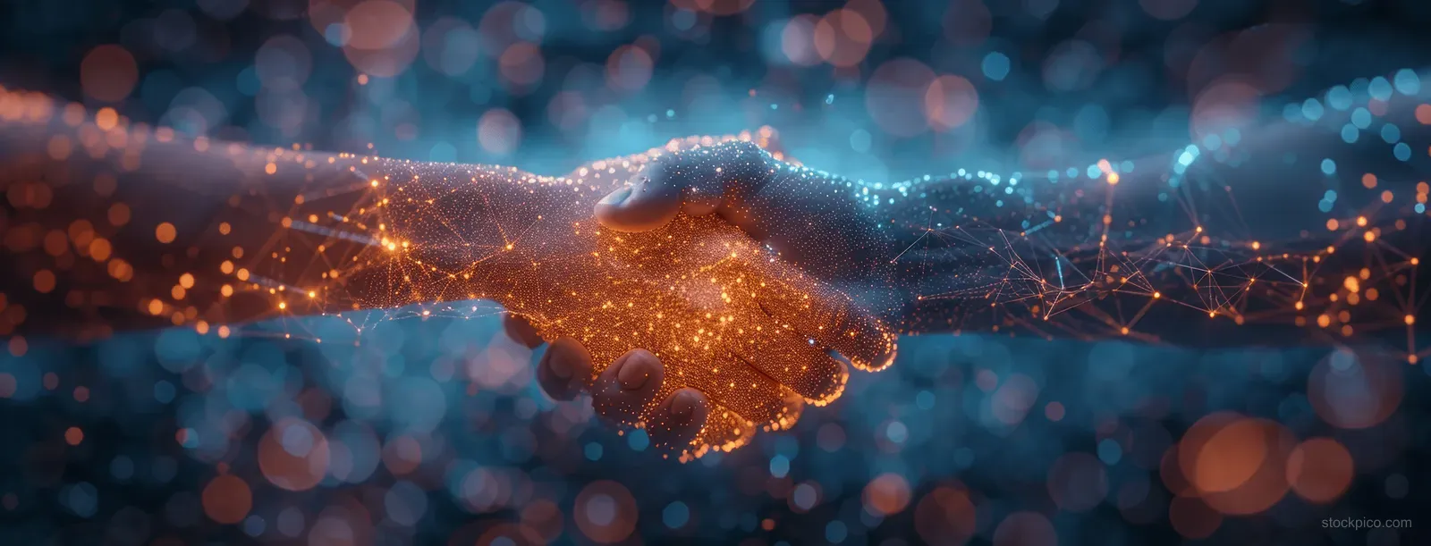 Two business partners shake hands as glowing network lines and bokeh lights fill the background.