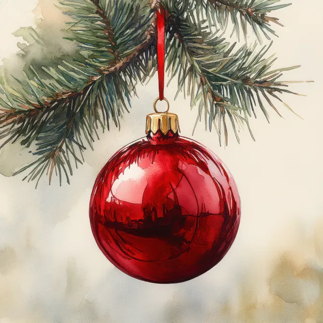 A glossy red Christmas ornament hangs from green pine branches over a pale watercolor snowy background.