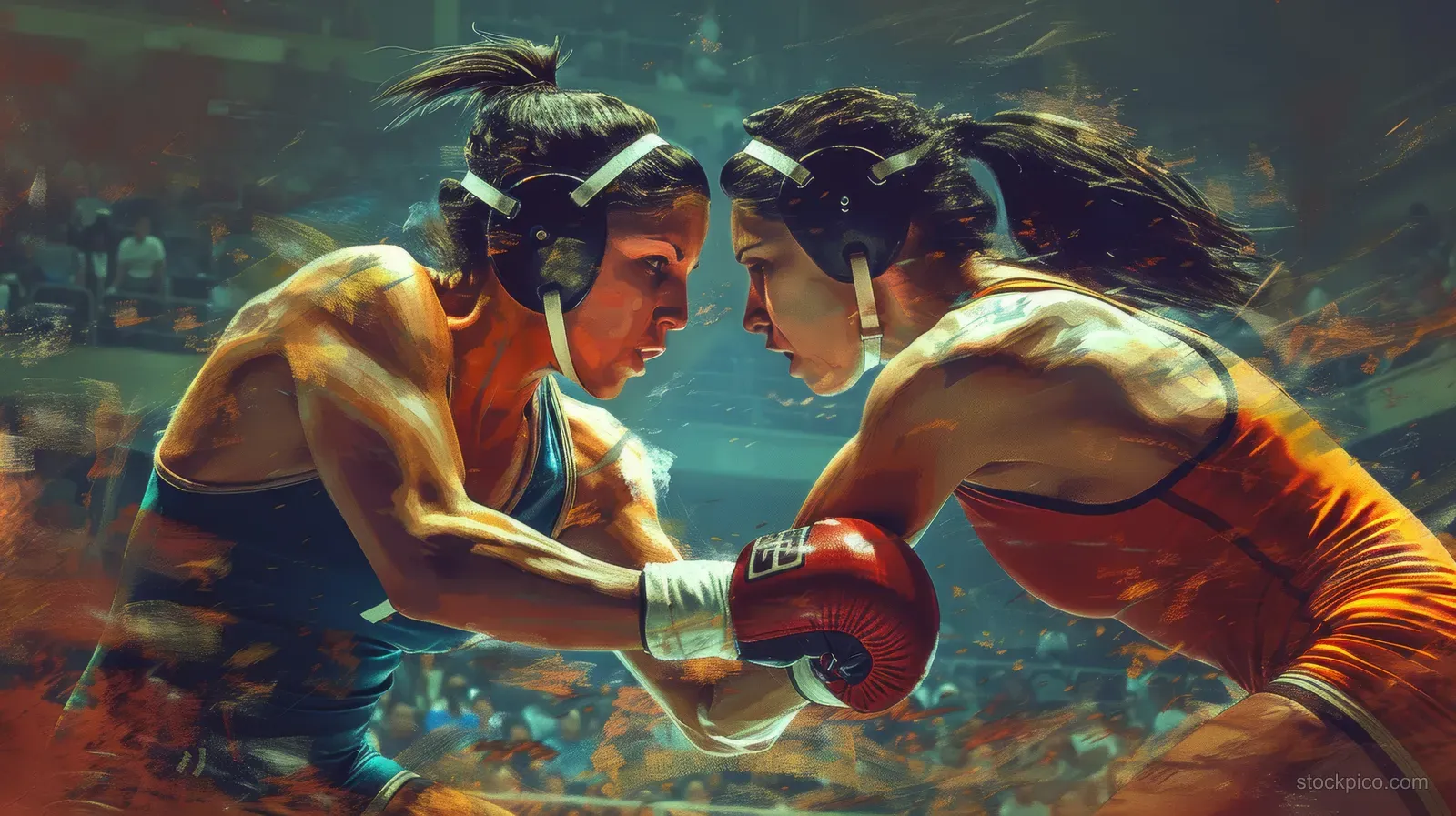 Two Italian women freestyle wrestlers grapple in an arena with dramatic lighting and blurred motion.