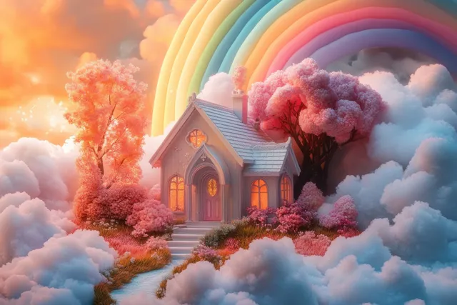 A cozy cottage on fluffy clouds with pink trees and bushes under a colorful rainbow in an orange-blue sky.