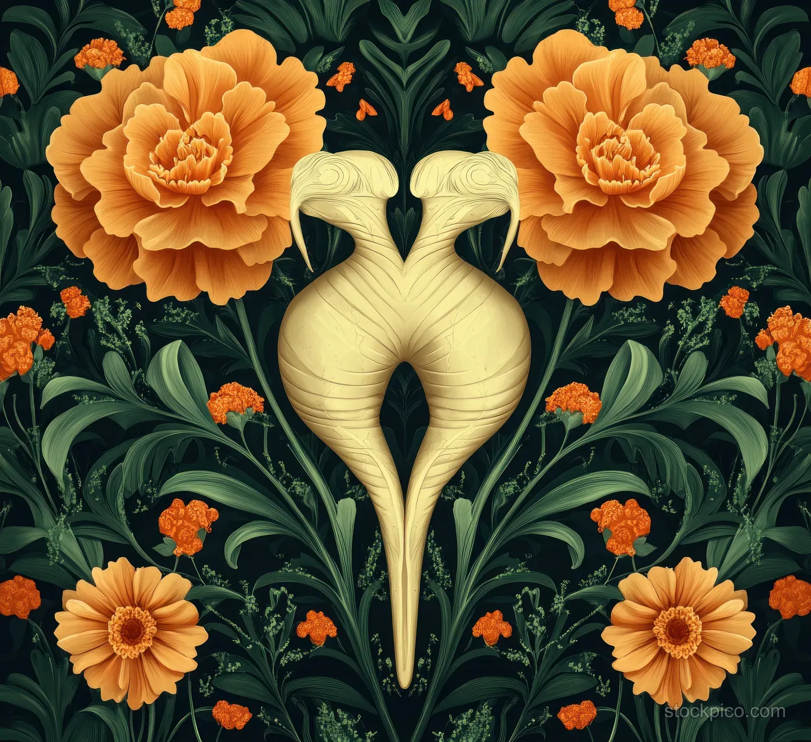 A cream uterus illustration surrounded by orange flowers and dark green leaves in a decorative pattern.