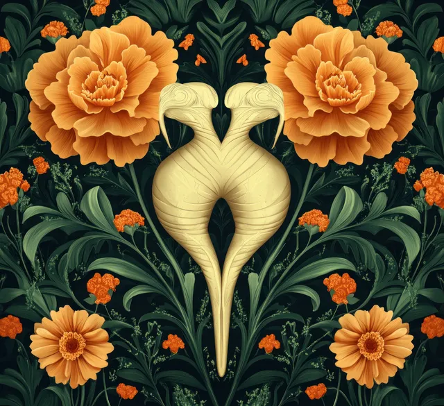 A cream uterus illustration surrounded by orange flowers and dark green leaves in a decorative pattern.