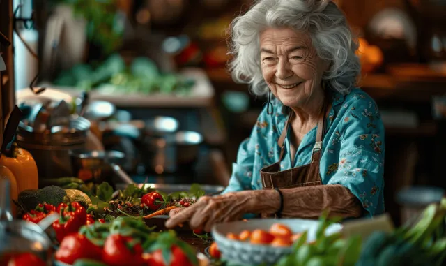 Smiling senior woman in an apron chopping cucumbers and vegetables at a kitchen counter surrounded by fresh produce.