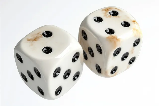 Two marbled dice with black pips showing four and five on an isolated white background.