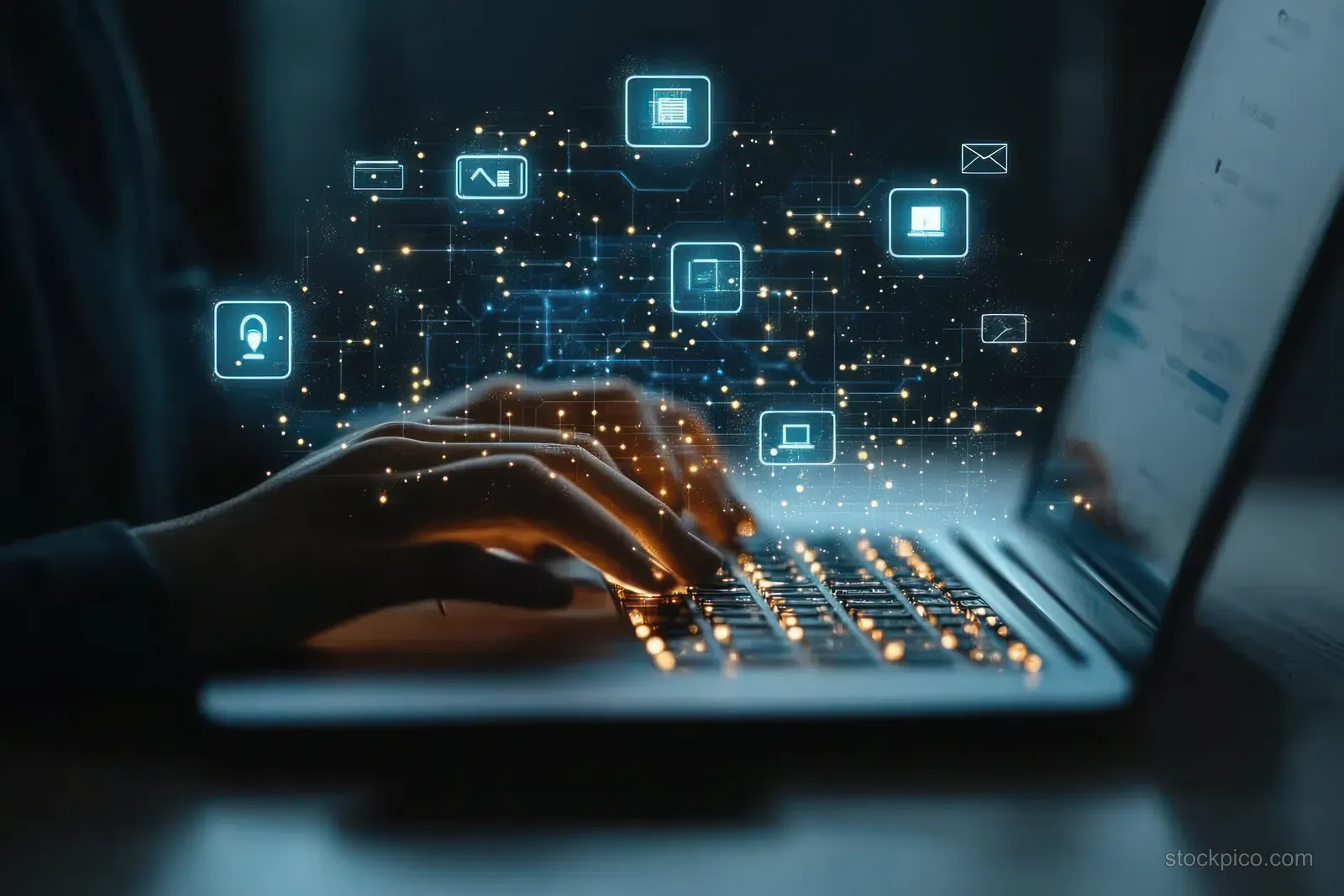 Hands typing on a laptop with floating cyber security icons and an encryption shield overlay.