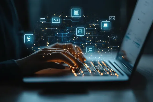 Hands typing on a laptop with floating cyber security icons and an encryption shield overlay.