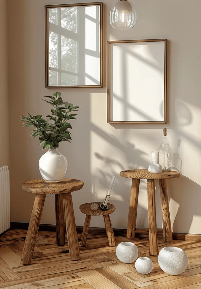 Scandinavian interior scene with framed mock posters, wooden stool legs, and ceramic vase