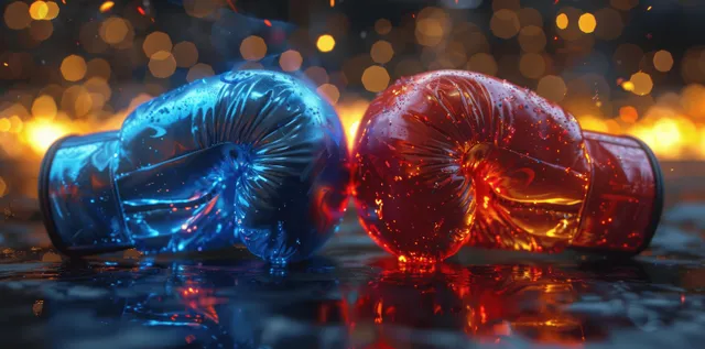 American flag boxing gloves clash on a dark reflective floor with sparks and smoke.