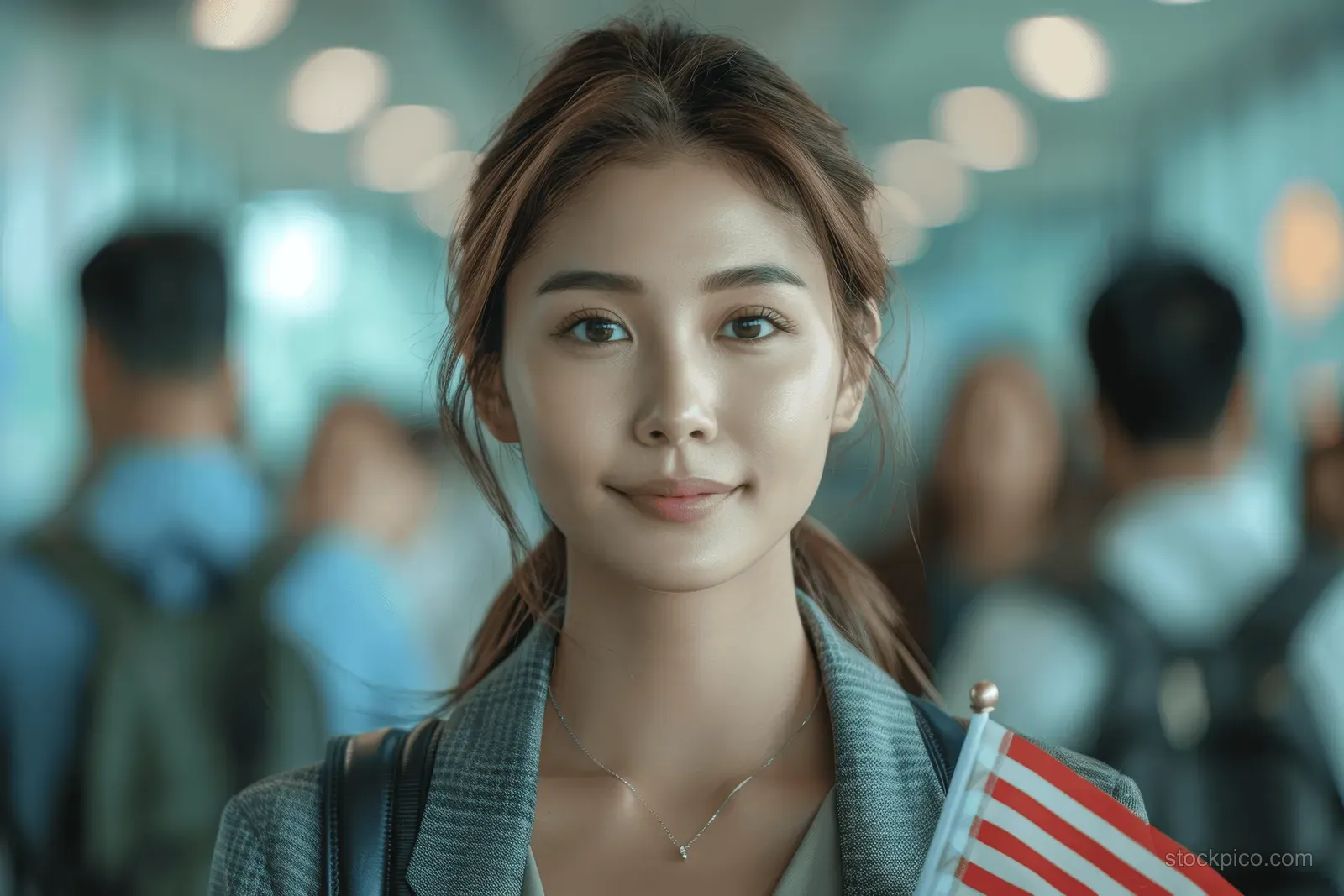 Smiling woman in a gray blazer holding a small American flag in a busy airport terminal with blurred travelers behind.