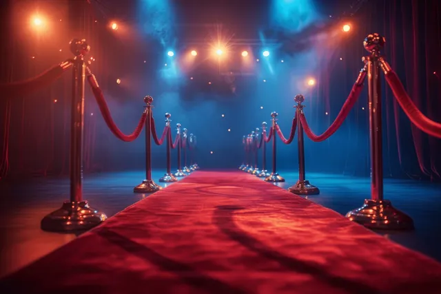 A red carpet walkway with stanchions and intense spotlights in a theater-like gala setting.