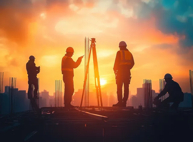 Silhouette construction workers surveying a building site with a tripod instrument during a glowing sunset behind cranes.