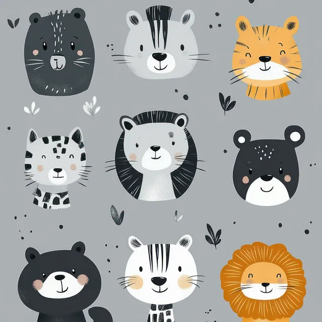 Smiling cartoon bear, tiger, lion, and leopard faces with whiskers and leaf accents on a gray background.
