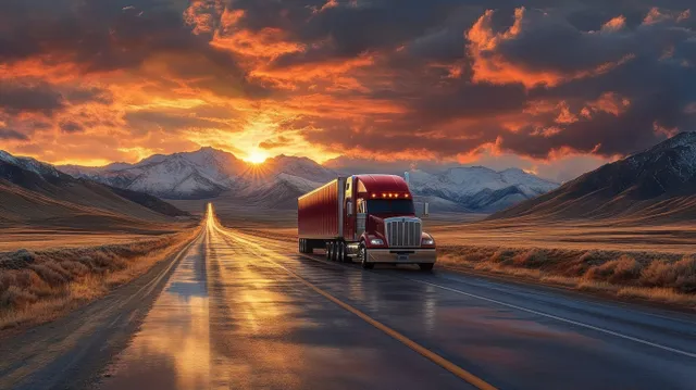 Red semi-truck drives on wet mountain valley highway at dramatic sunset, reflecting on road