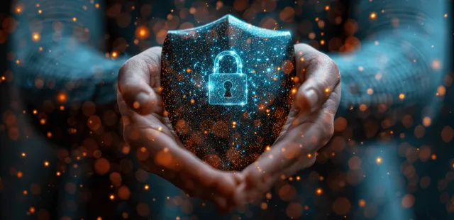 A businessman’s hands hold a glowing digital padlock shield with encrypted network light particles in the background.