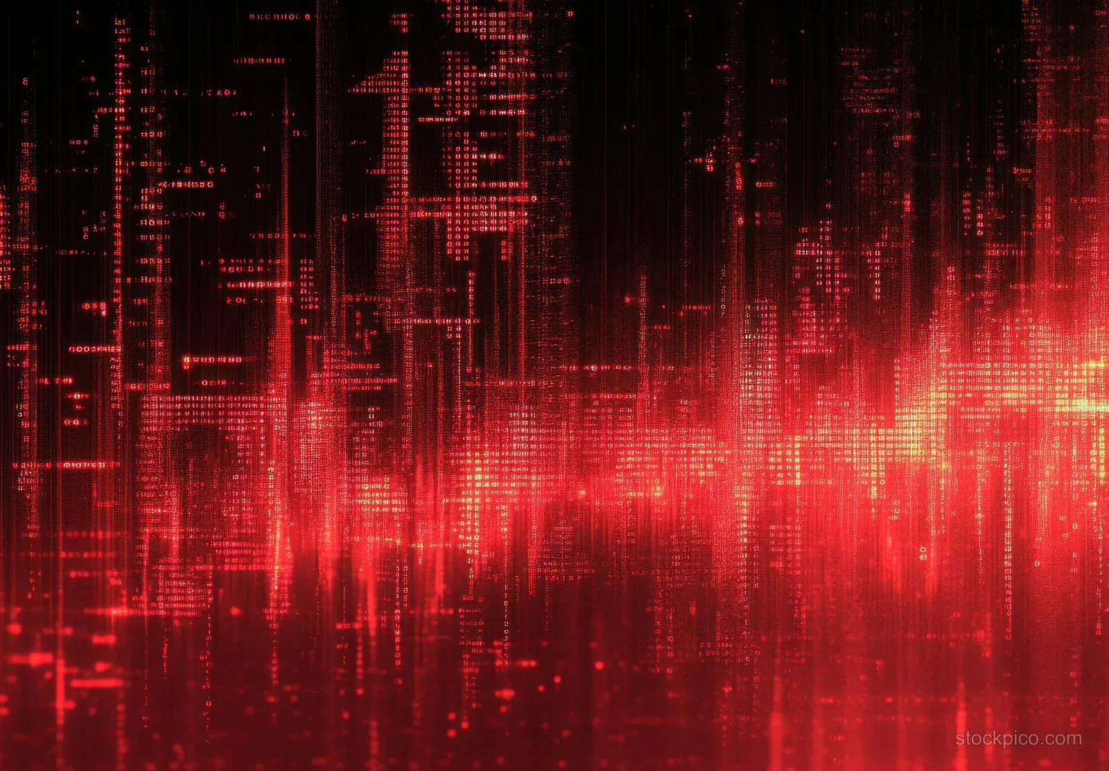 Red glowing digital matrix lines and scattered alphanumeric characters form a futuristic data stream background.