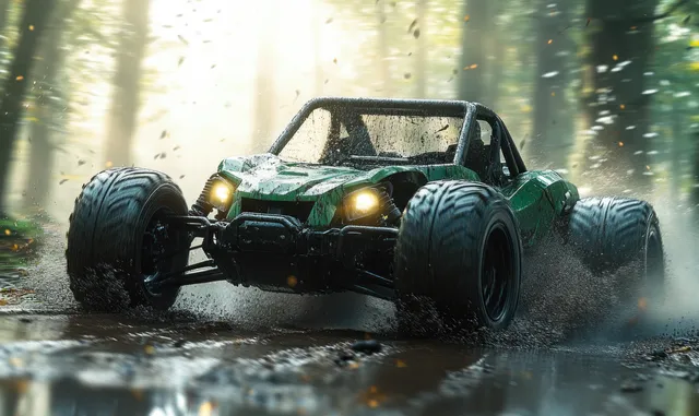 Green ATV racing through a muddy forest trail with headlights on and splashes flying.
