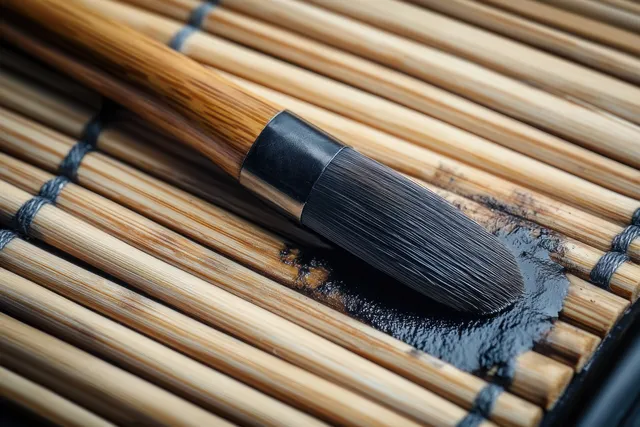 Close-up of a calligraphy brush on a bamboo mat with black ink pooled beneath its bristles.