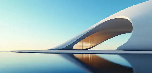 A futuristic curved building reflected on still water under a clear blue sky.