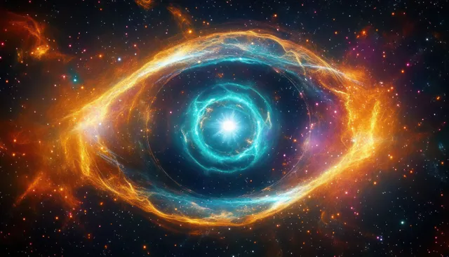 Eye-shaped cosmic nebula with glowing orange and blue rings surrounding a bright central star in deep space.