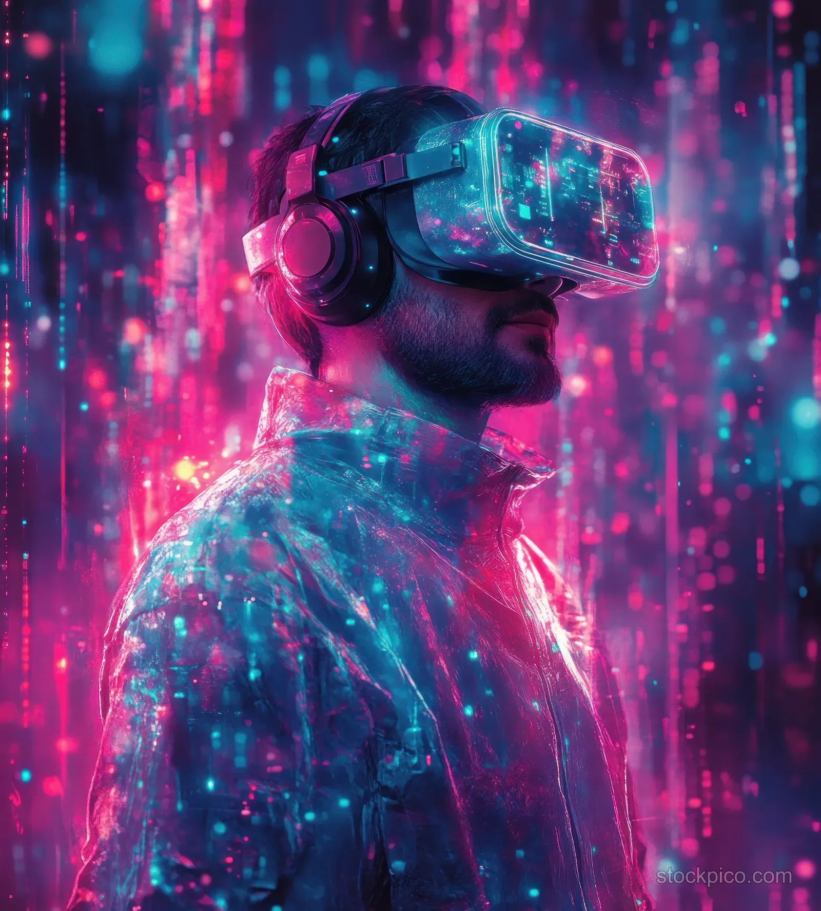 A suited businessman wears a VR headset as neon holographic interface panels glow around him in a futuristic scene.