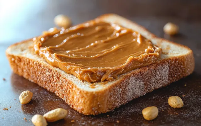 Creamy peanut butter is spread on a thick toasted bread slice with whole peanuts scattered around on a dark surface.