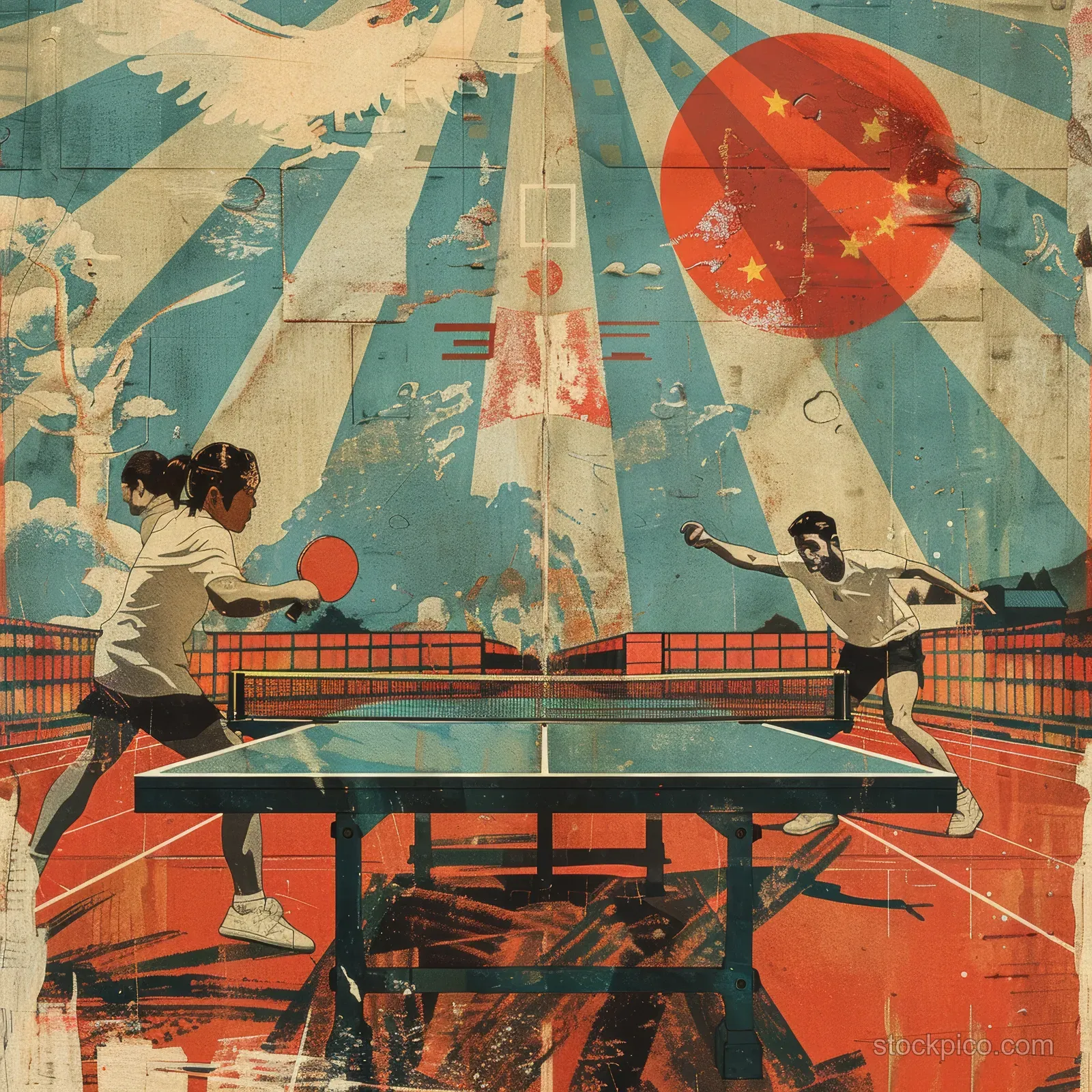 Two stylized table tennis players rally at a table under Japanese-themed geometric patterns and motion streaks.