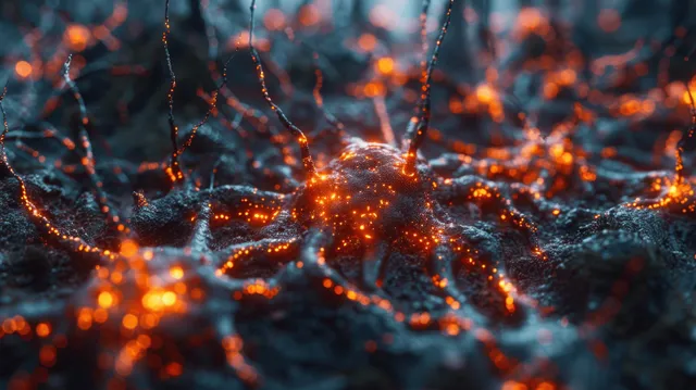 Dark blue brain closeup with orange glowing neuron connections branching like transmitting pathways.
