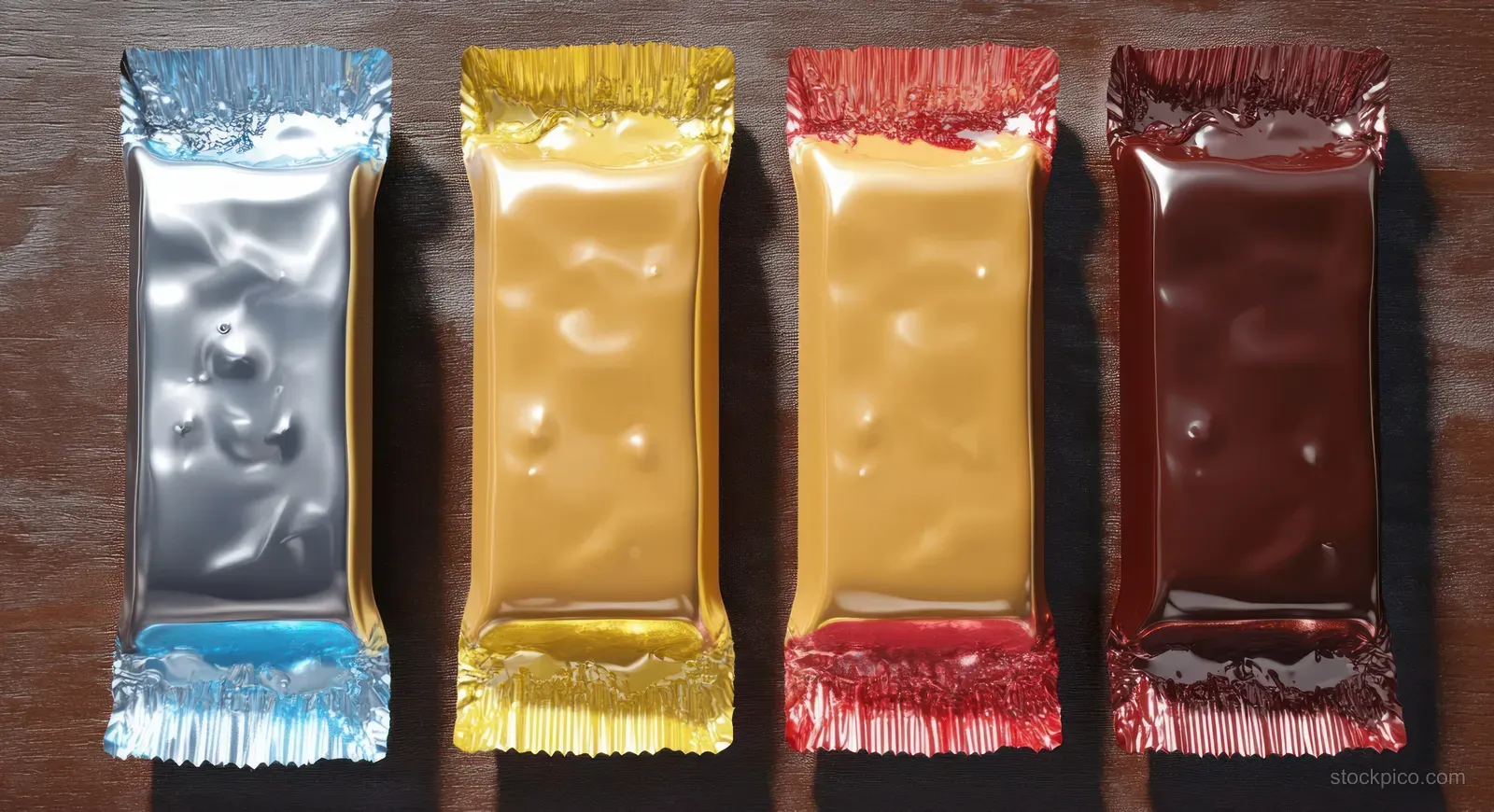 Four chocolate bars in shiny silver, gold, red, and brown wrappers arranged on a wooden table.