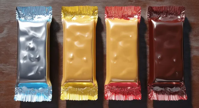Chocolate bars in shiny wrappers arranged on a wooden table close-up
